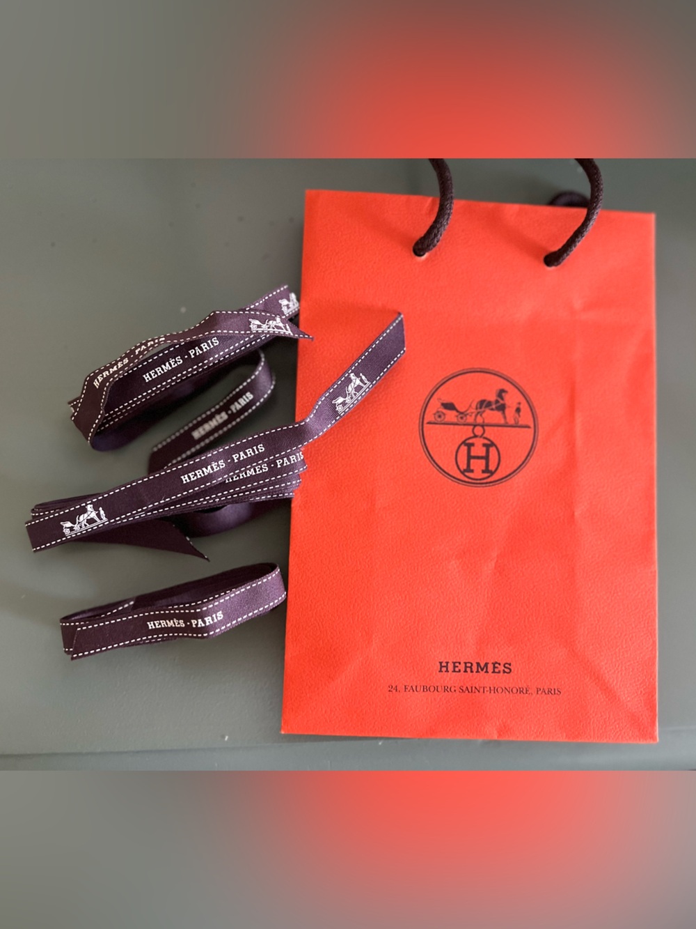 Hermes Brown Ribbons and Orange Shopping Bag